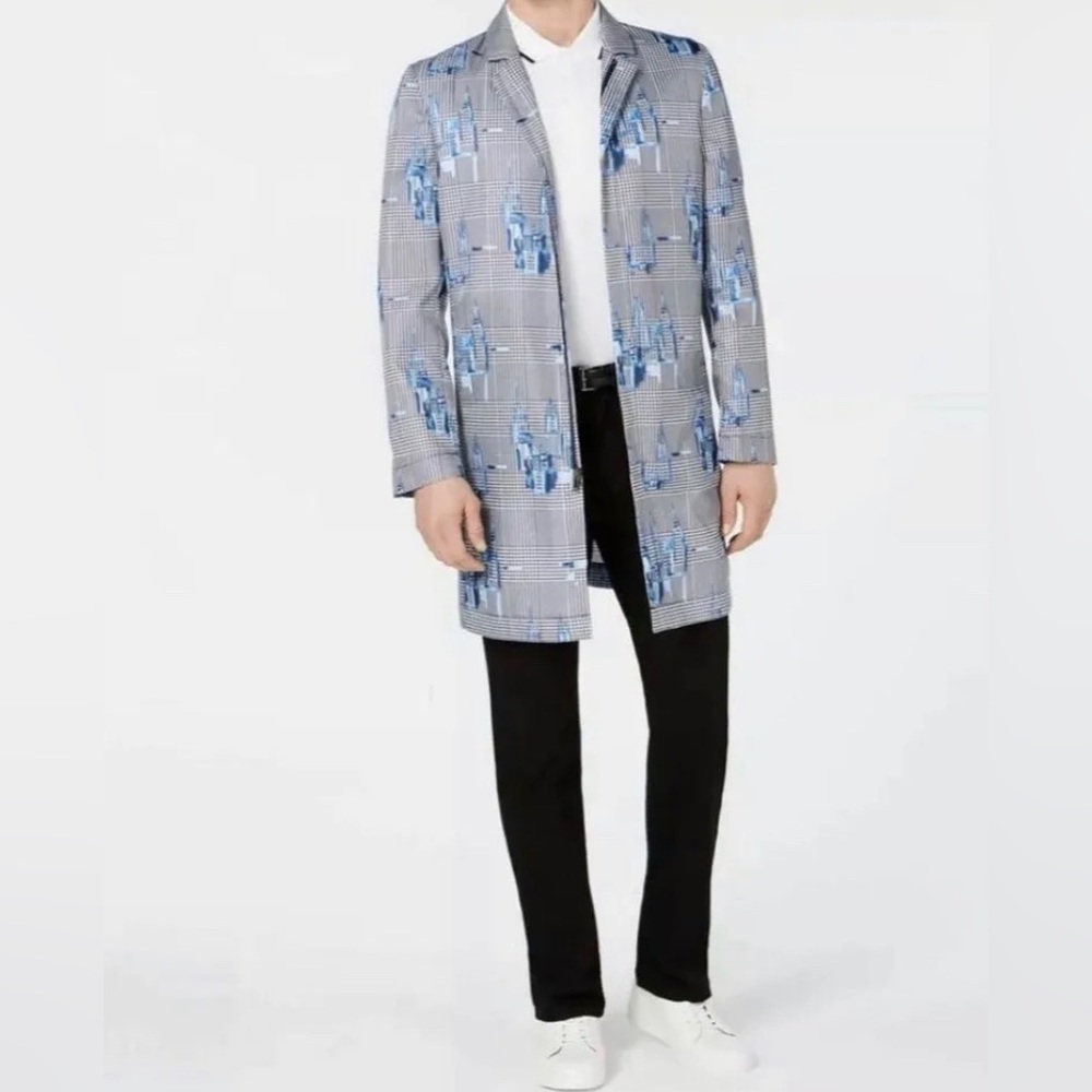 Alfani Jacket Top Coat Smart Glen Geometric Print 3/4 Length Gray Blue Large